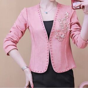 Classic Pink Embroidered Women's Blazer Jacket